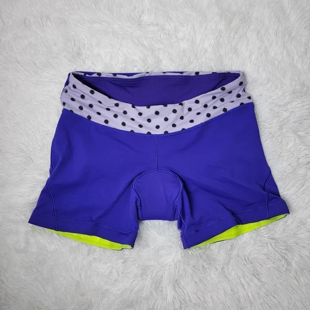💜 Lululemon Velo Vixen Padded Purple Polka Dot Waistband Cycling Shorts Size 10